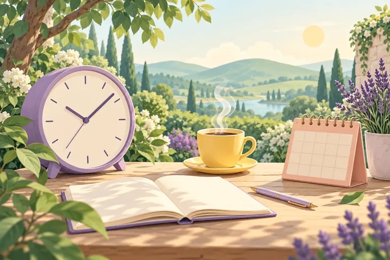 Illustrierter Arbeitsplatz mit Uhr, Notizbuch und Kaffeepause